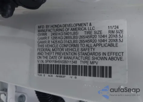 2025 Honda Passport Awd Ex-L from USA, damaged, VIN 5FNYF8H5XSB011348